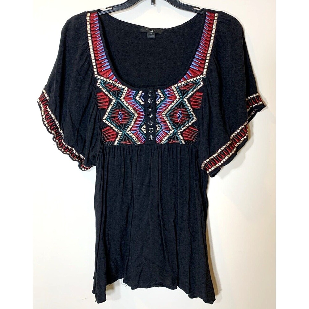 Vintage XXI Top Womens Medium Black Embroidered Boho Tunic VNTG Aztec Festival‎